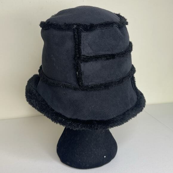 Black Faux Suede Faux Fur Trimmed Bucket Hat Y2K Whimsigoth Patchwork Rave Vampy - Picture 4 of 6